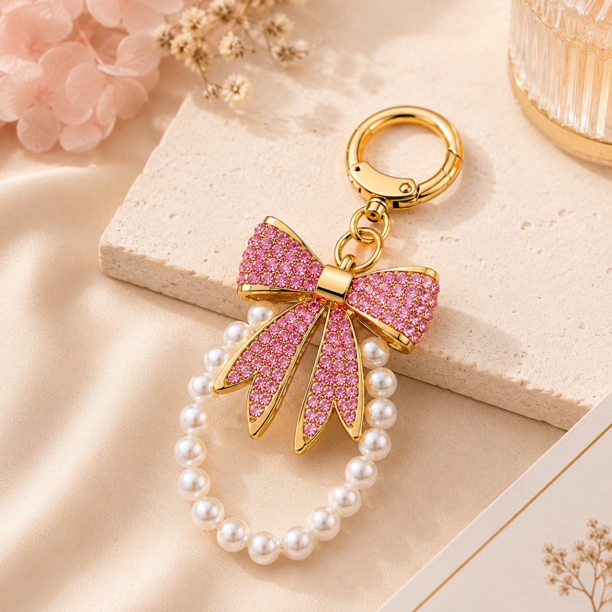 Pink Designer Bow Pearl Charm Keychain