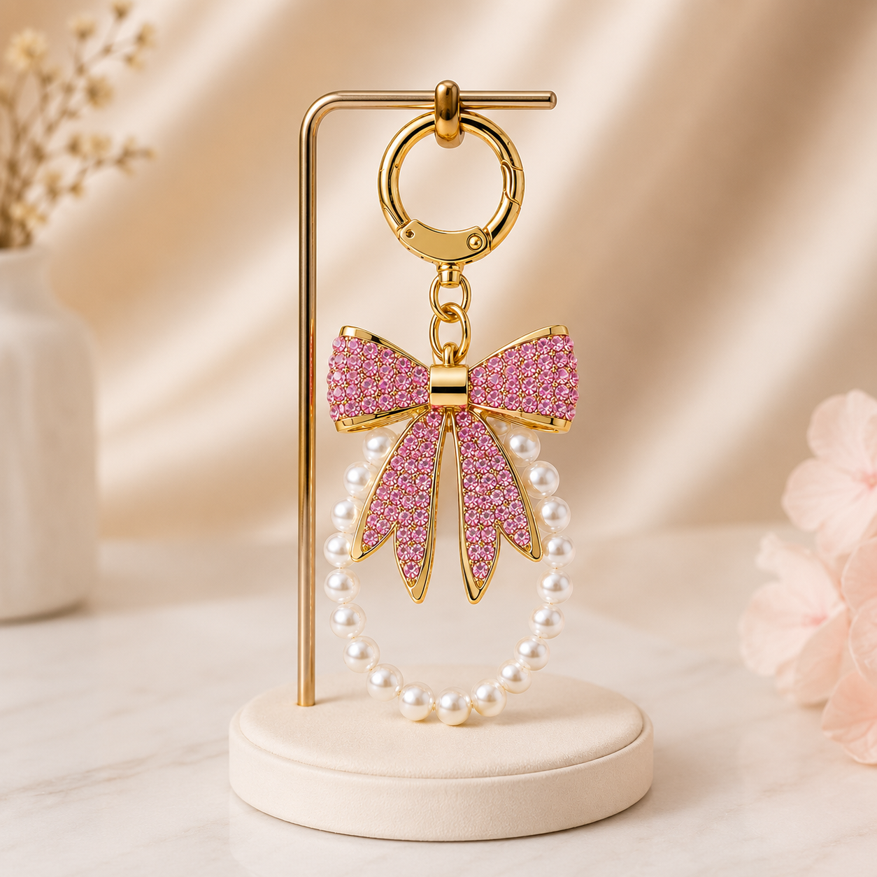 Pink Designer Bow Pearl Charm Keychain - Image 4