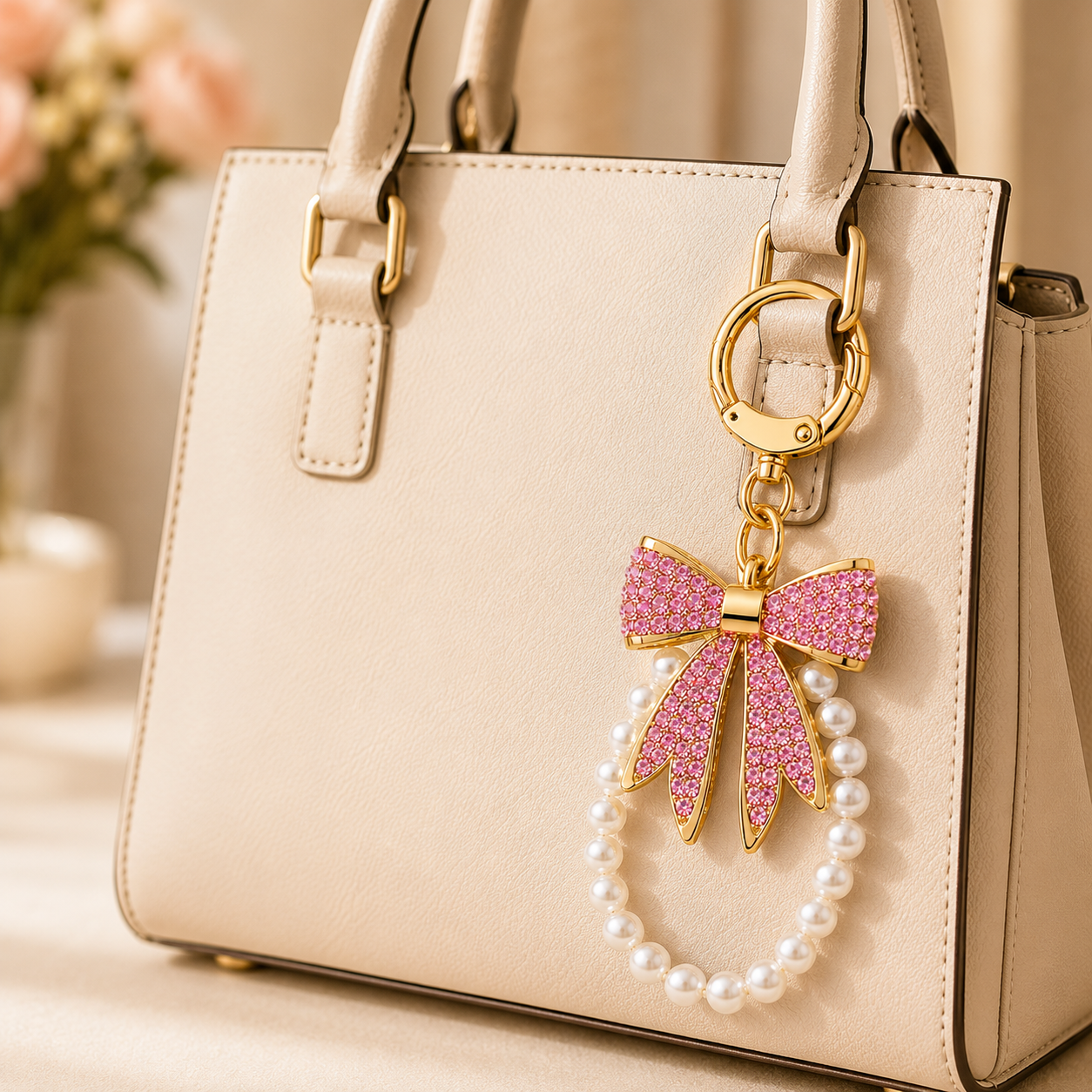 Pink Designer Bow Pearl Charm Keychain - Image 2