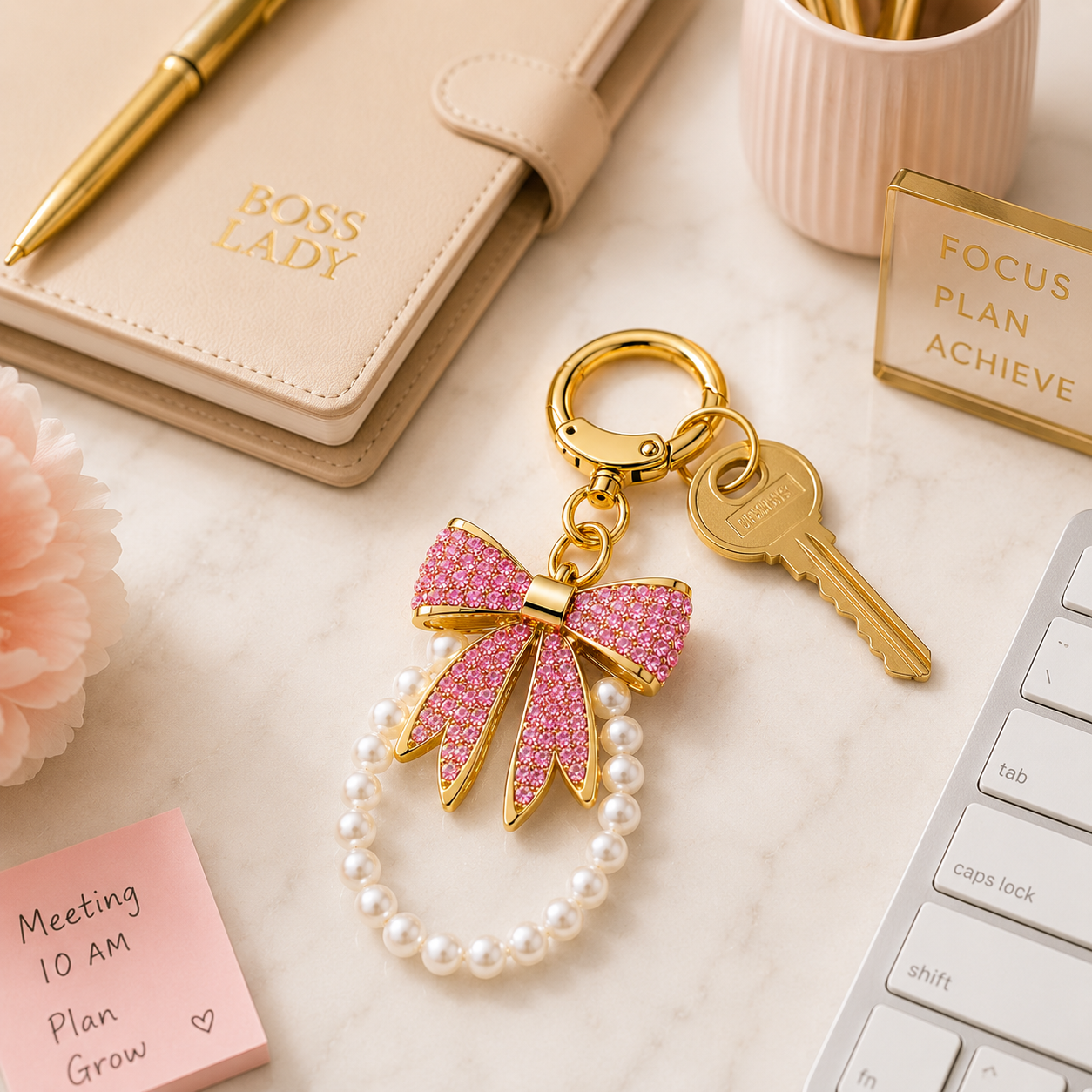 Pink Designer Bow Pearl Charm Keychain - Image 3