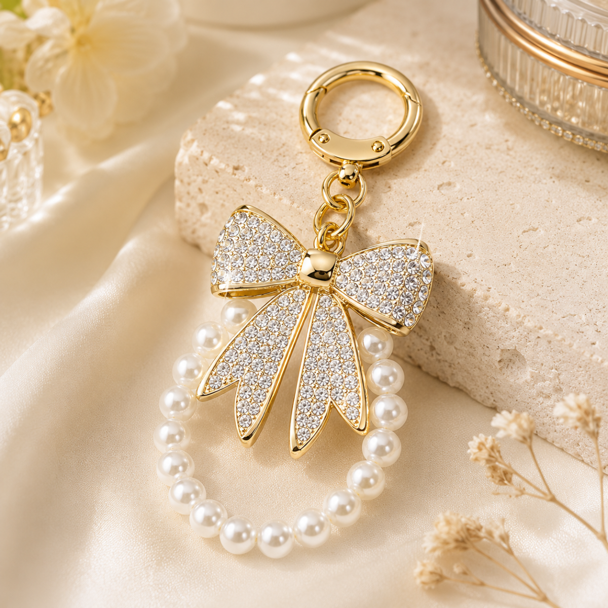 White Designer Bow Pearl Charm Keychain