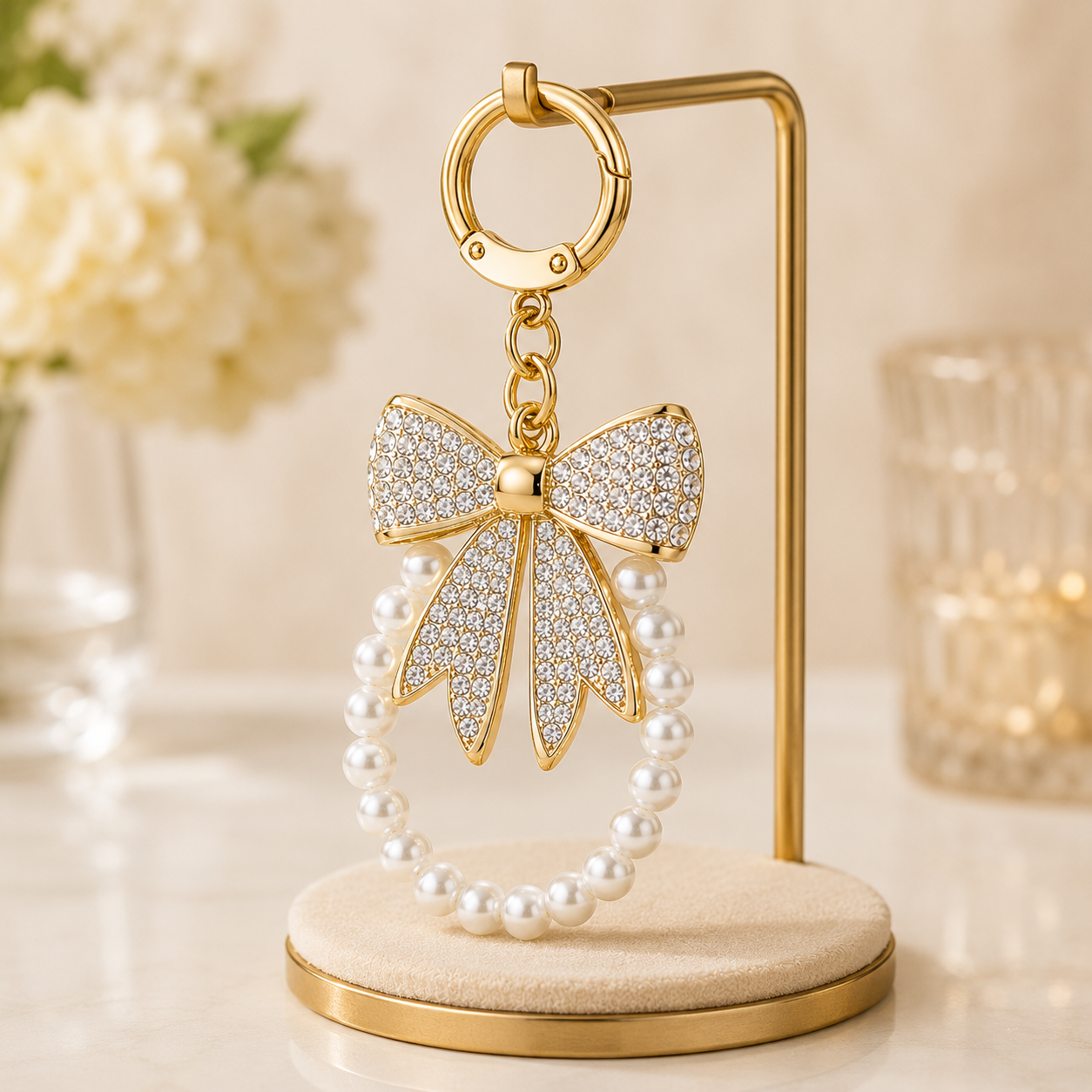 White Designer Bow Pearl Charm Keychain - Image 4