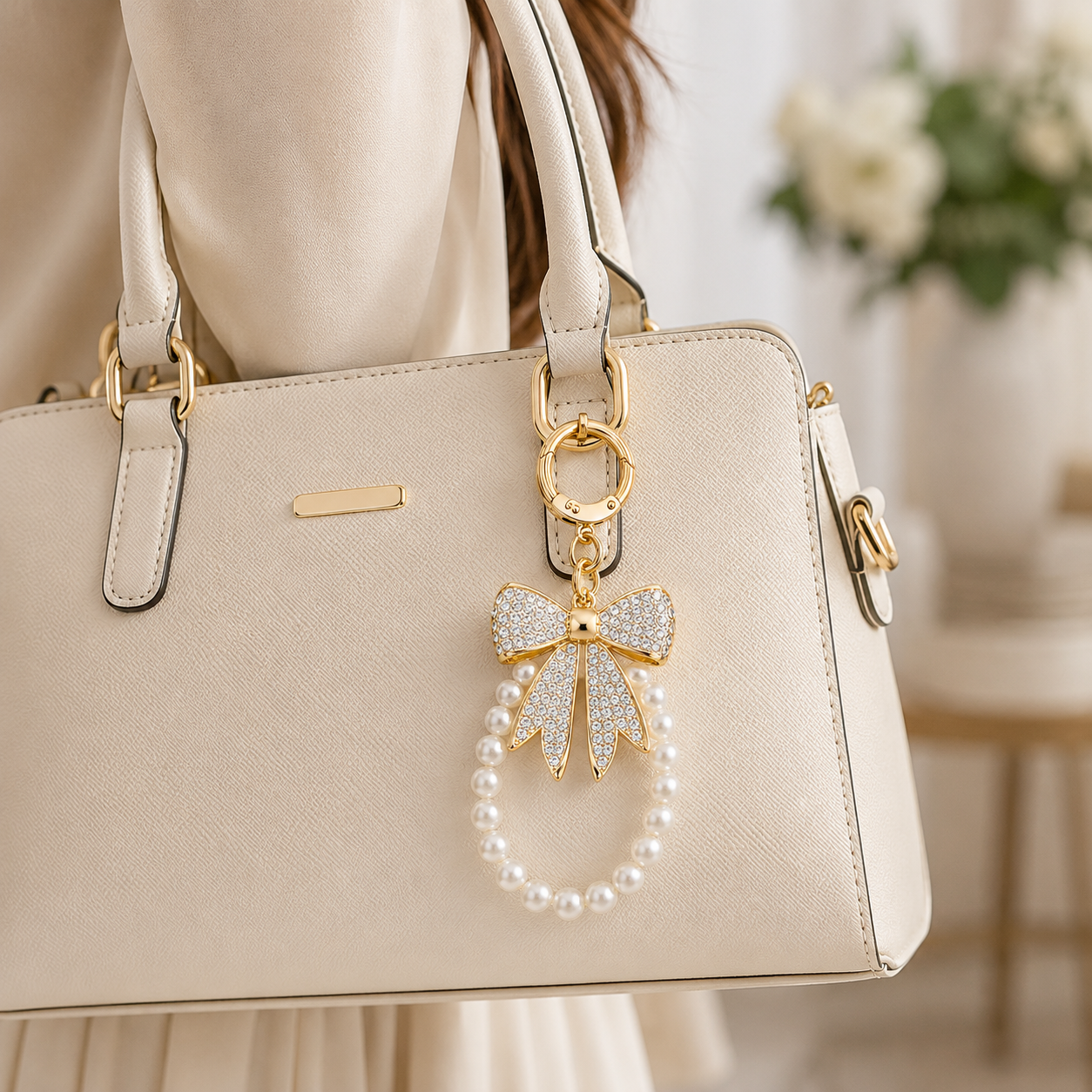 White Designer Bow Pearl Charm Keychain - Image 2