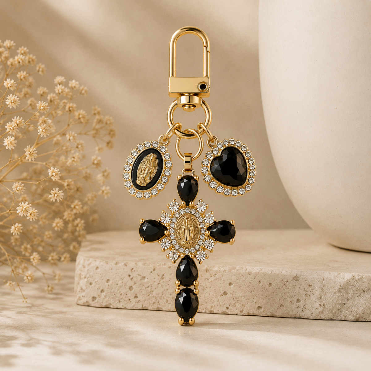 Black Crystal Cross Metal Keychain