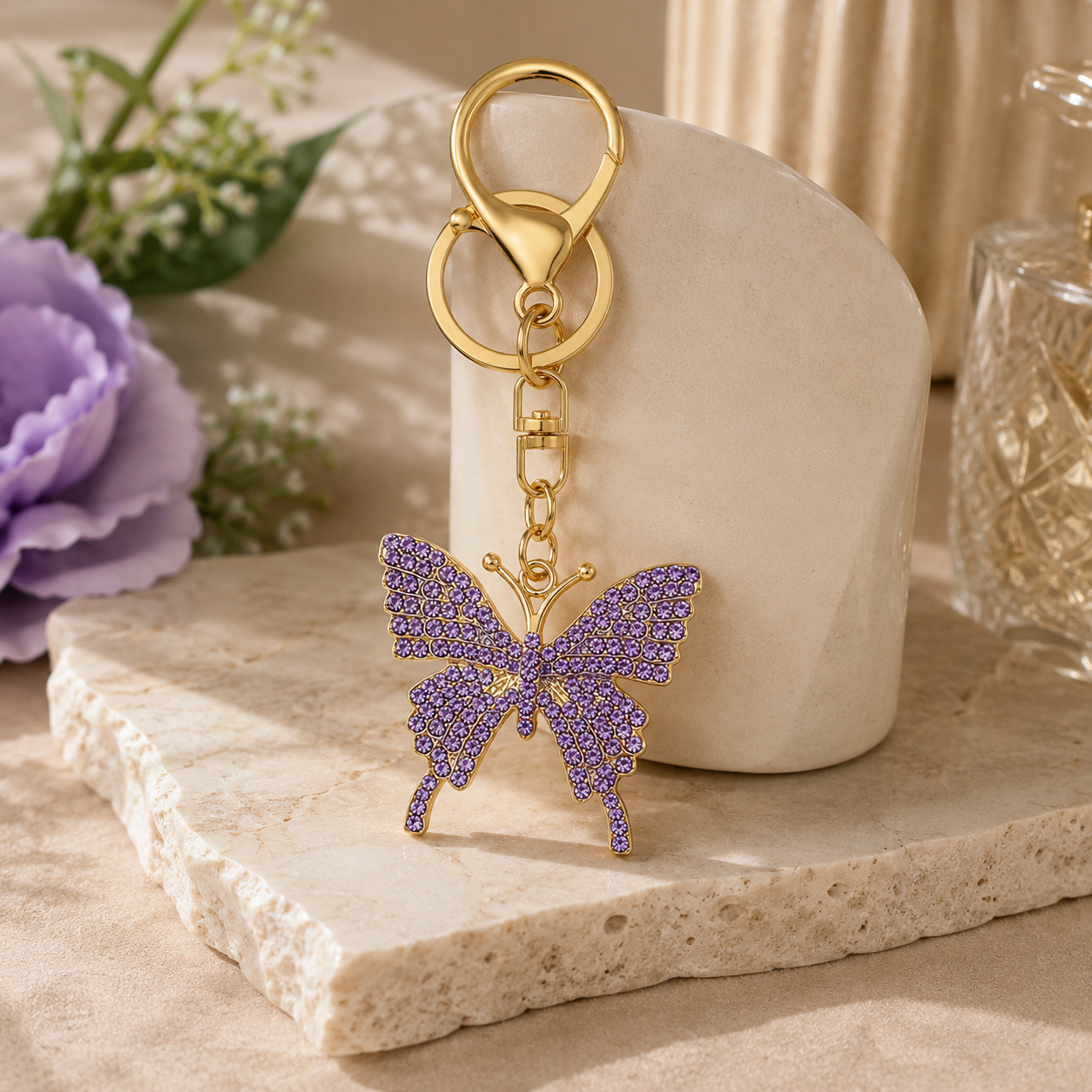 Butterfly Decorative Metal Keychain with Purple Crystal-Style Accents