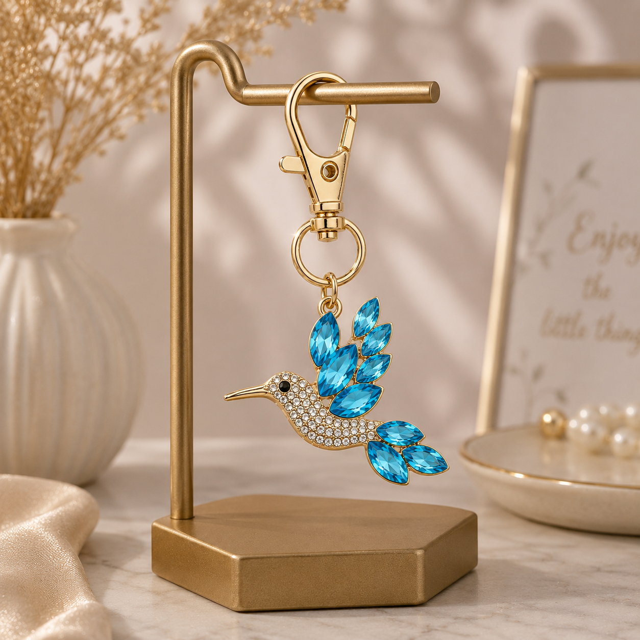 Blue Hummingbird Decorative Metal Keychain with Crystal-Style Accents - Image 3