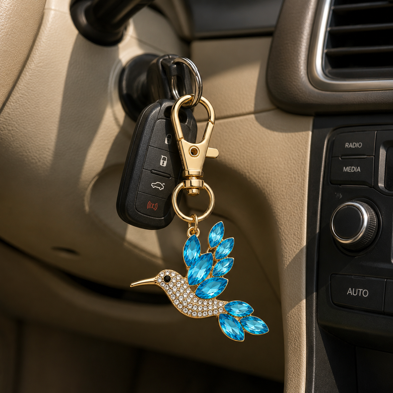 Blue Hummingbird Decorative Metal Keychain with Crystal-Style Accents - Image 4