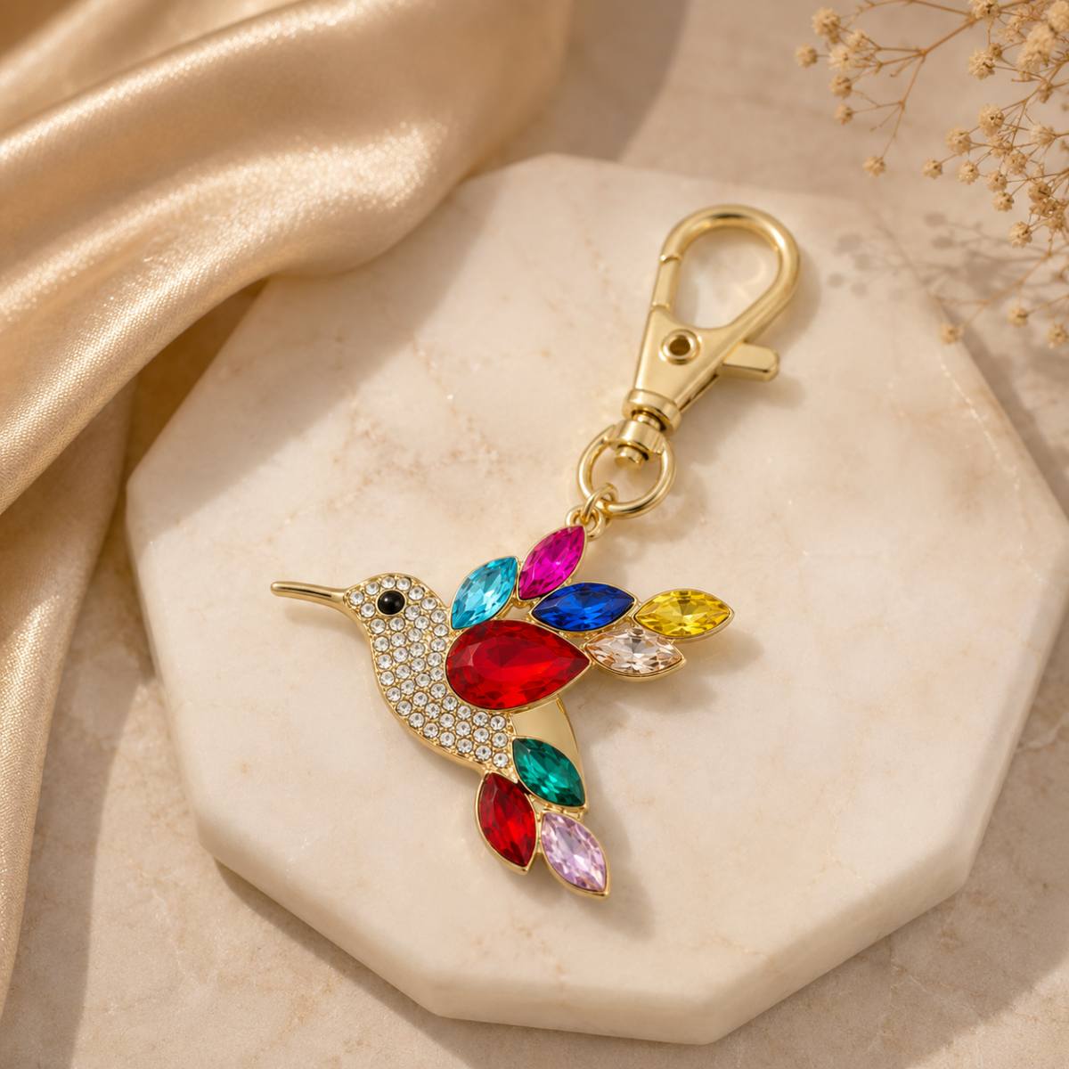 Multicolor Hummingbird Decorative Metal Keychain with Crystal-Style Accents