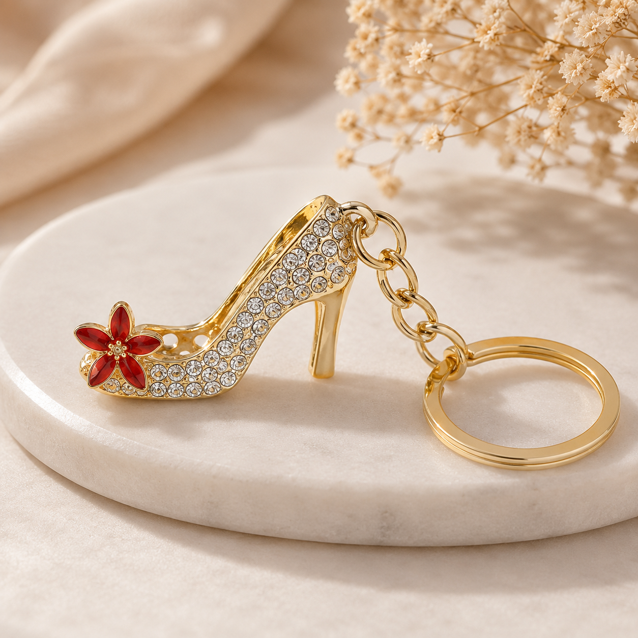 Decorative High Heel Shoe Metal Keychain with Crystal-Style Accents