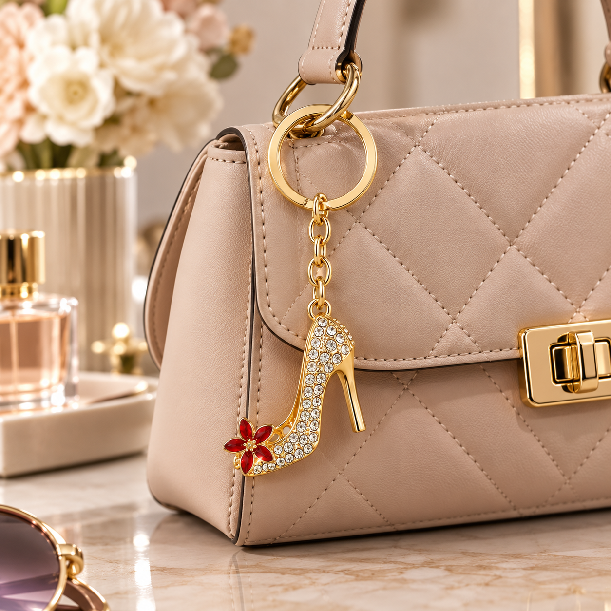 Decorative High Heel Shoe Metal Keychain with Crystal-Style Accents - Image 2