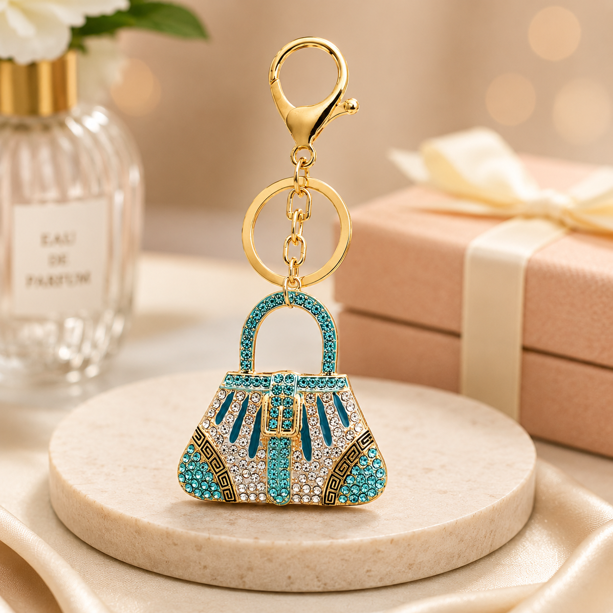 Decorative Handbag Metal Keychain with Crystal-Style Accents