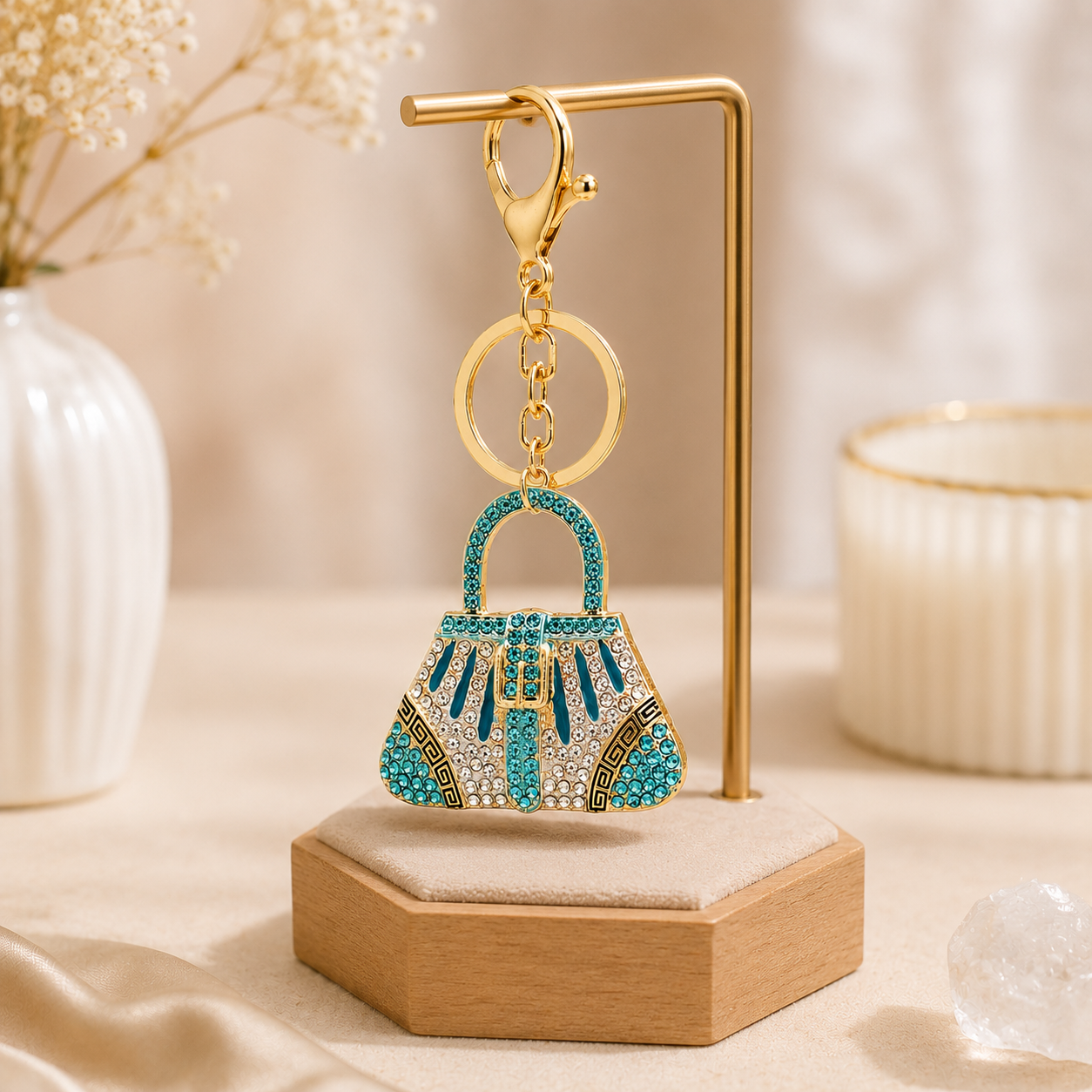 Decorative Handbag Metal Keychain with Crystal-Style Accents - Image 3