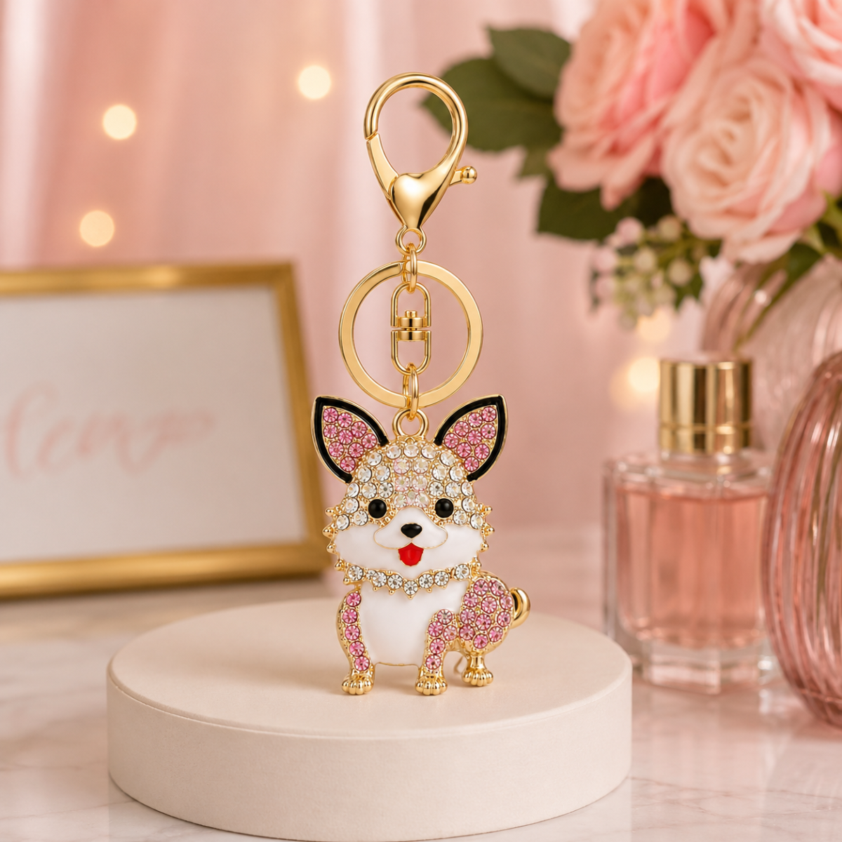 Decorative Puppy Dog Metal Keychain PINK