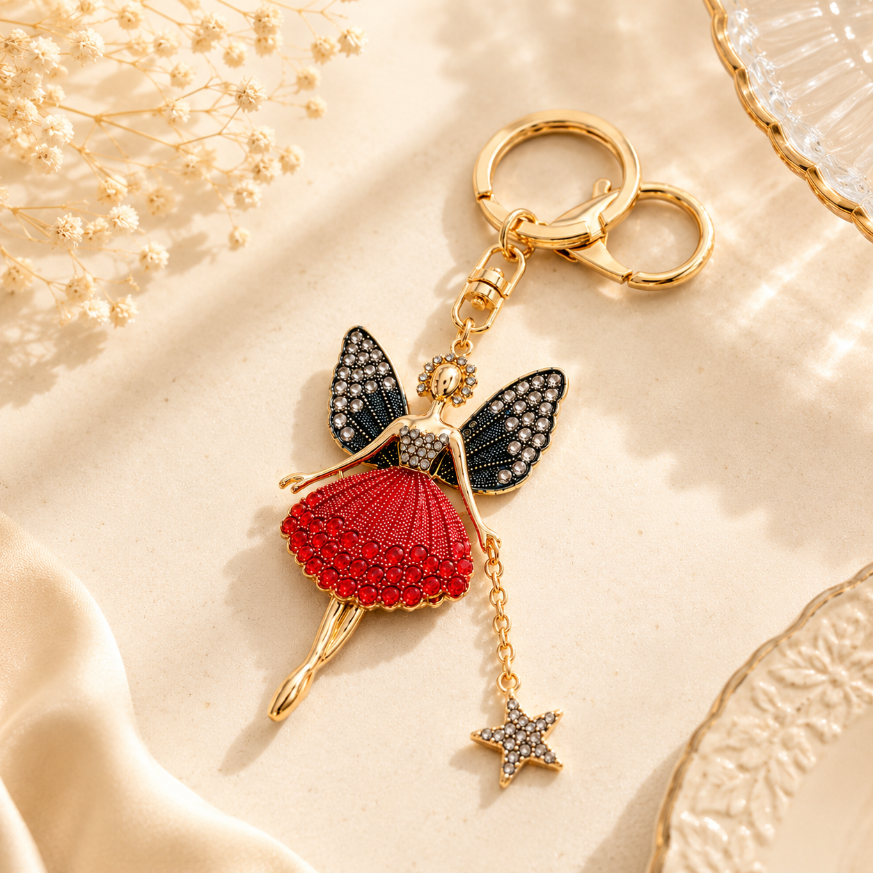 Red Fairy Decorative Metal Keychain with Star Charm
