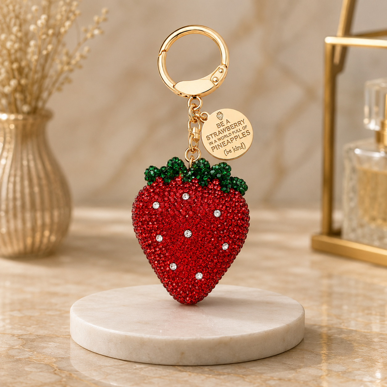 Strawberry Decorative Metal Keychain with Inspirational Charm