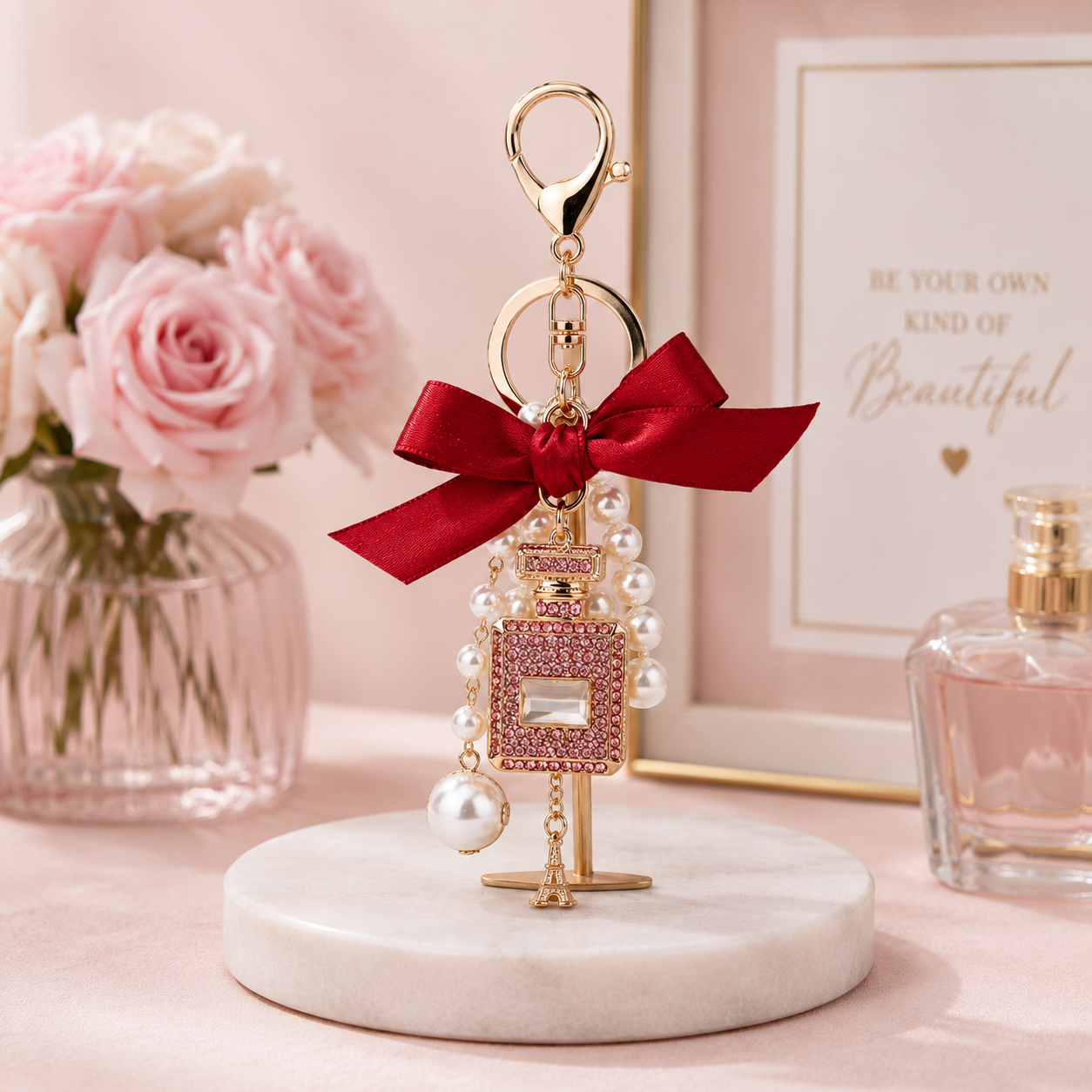 Red Ribbon Perfume Bottle Decorative Metal Keychain - Image 4
