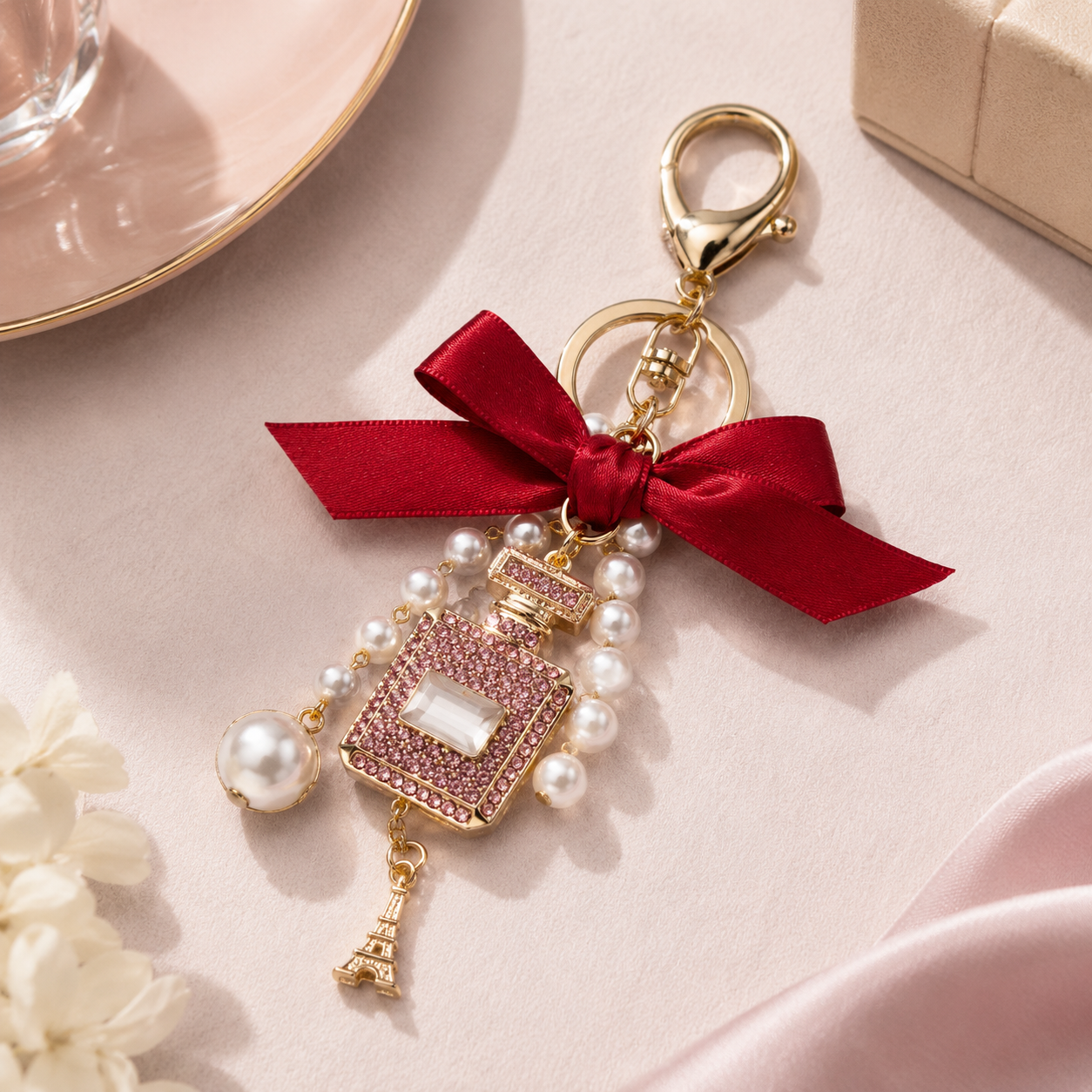 Red Ribbon Perfume Bottle Decorative Metal Keychain