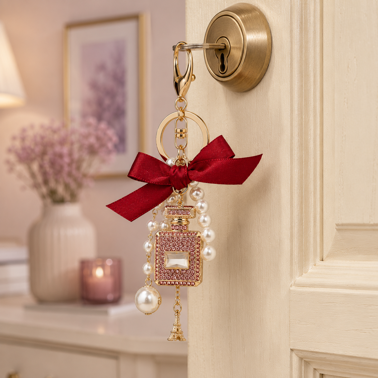 Red Ribbon Perfume Bottle Decorative Metal Keychain - Image 3