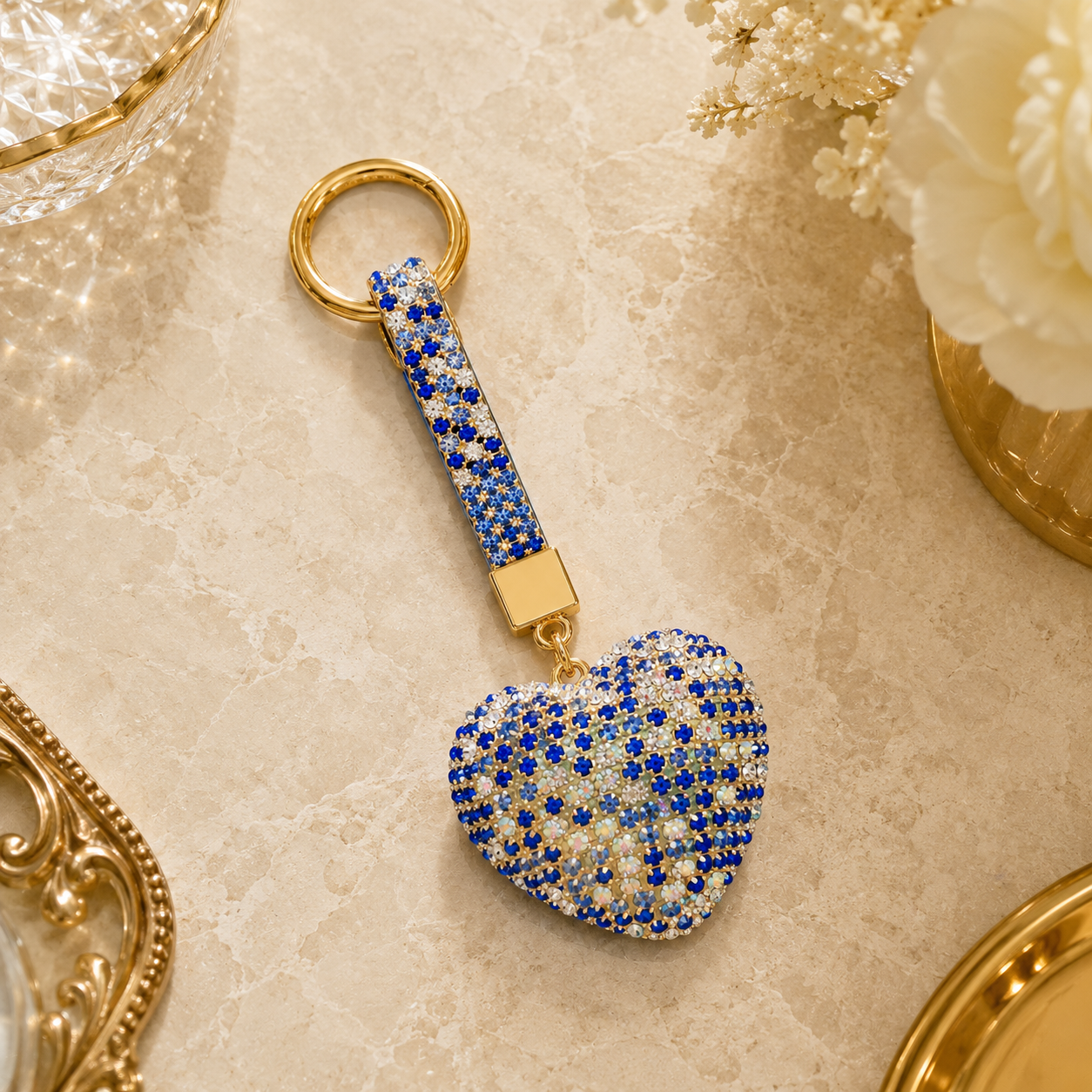 Blue Heart Decorative Metal Keychain with Crystal-Style Accents