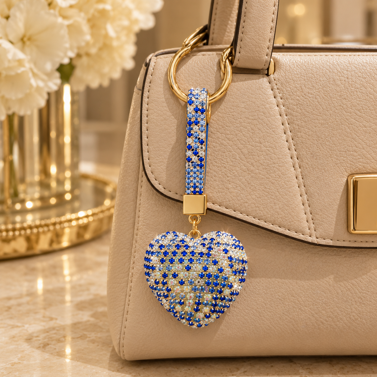 Blue Heart Decorative Metal Keychain with Crystal-Style Accents - Image 2