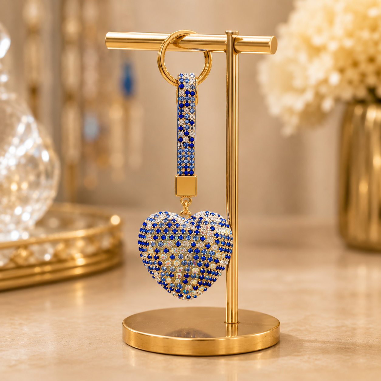 Blue Heart Decorative Metal Keychain with Crystal-Style Accents - Image 4