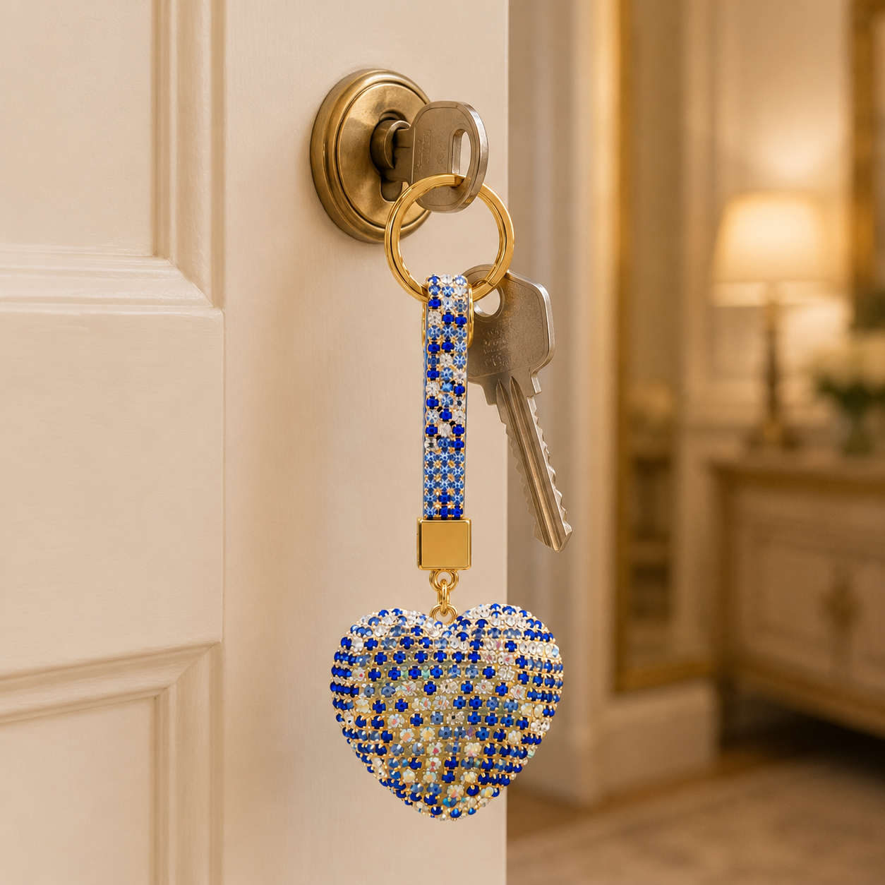 Blue Heart Decorative Metal Keychain with Crystal-Style Accents - Image 3