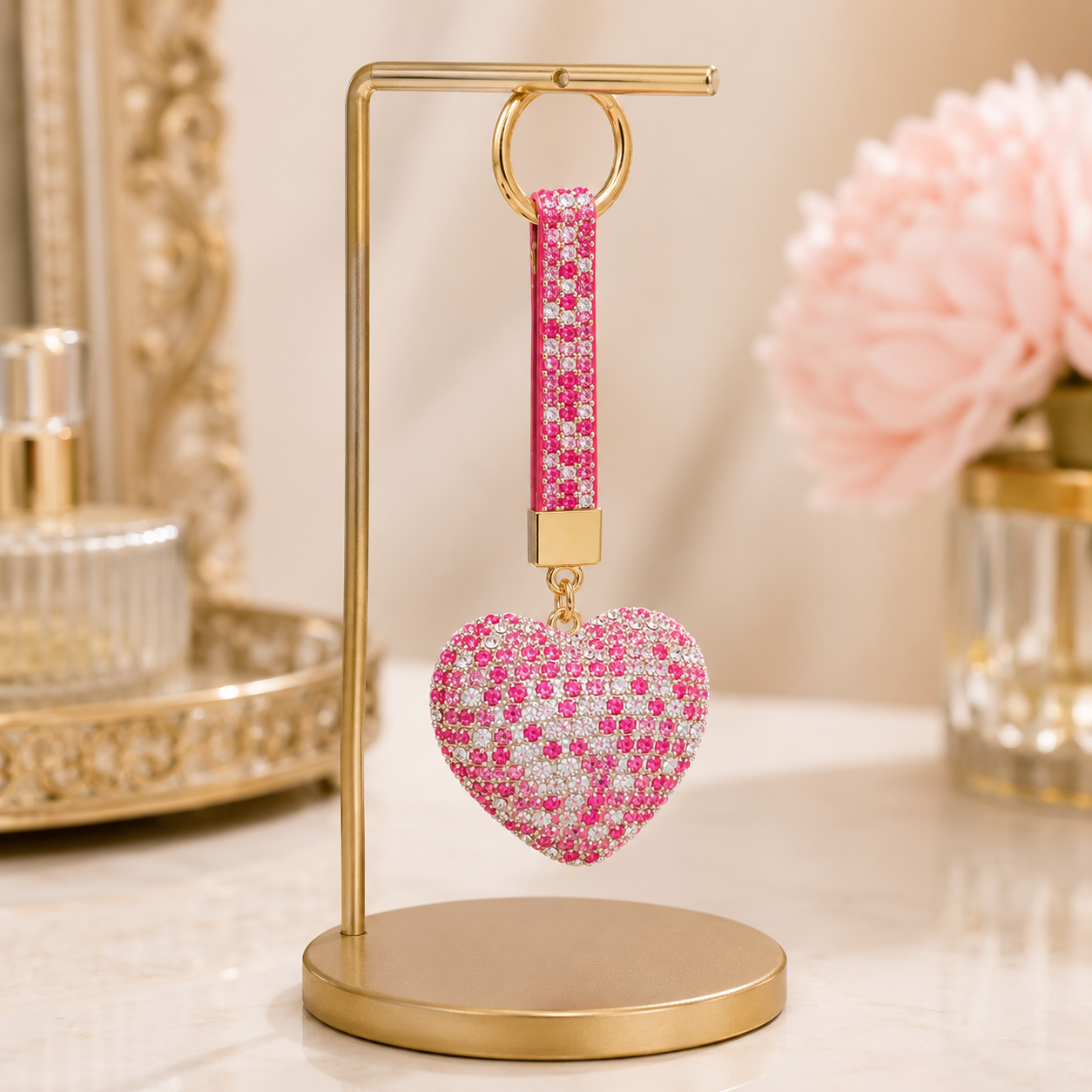 Pink Heart Decorative Metal Keychain with Crystal-Style Accents - Image 4