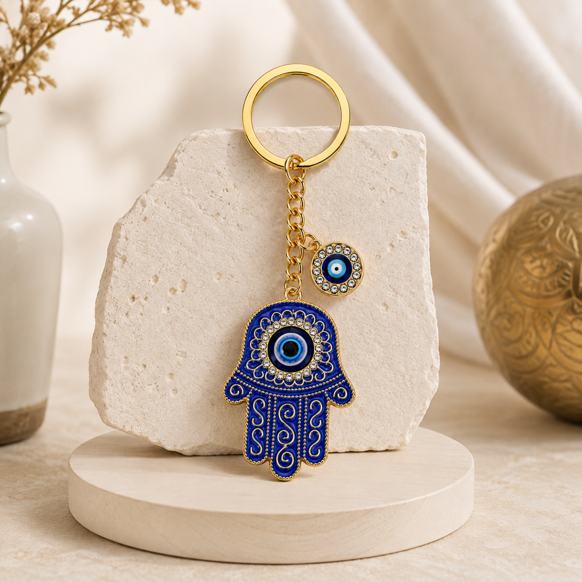 Blue Hamsa Hand Decorative Metal Keychain with Round Eye Charm