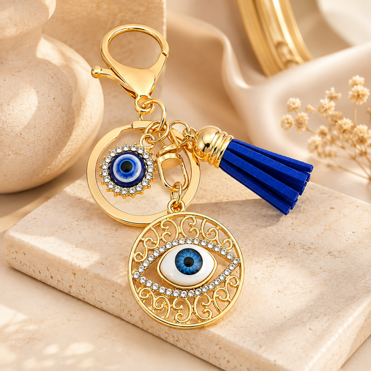 Blue Evil Eye Decorative Metal Keychain with Tassel and Round Charm
