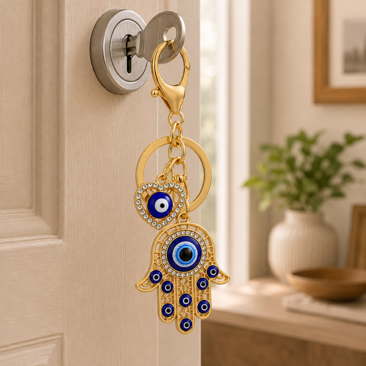 Blue Hamsa Hand Decorative Metal Keychain with Heart Evil Eye Charm - Image 3