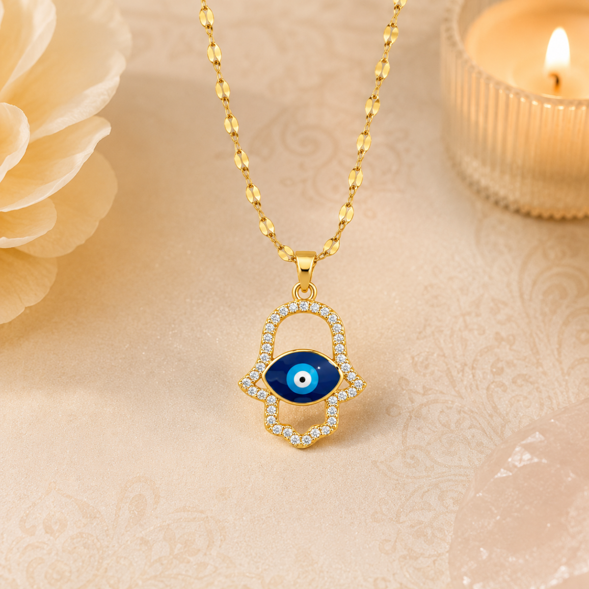 Hamsa Hand Evil Eye Necklace with Blue & Clear Crystal-Style Pendant