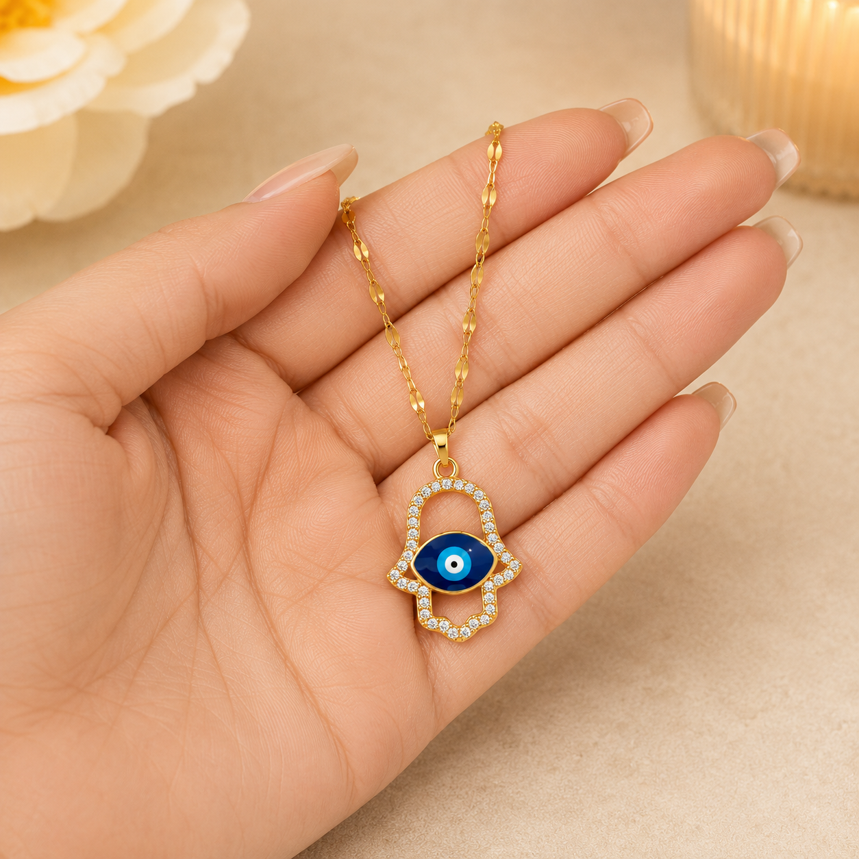 Hamsa Hand Evil Eye Necklace with Blue & Clear Crystal-Style Pendant - Image 3