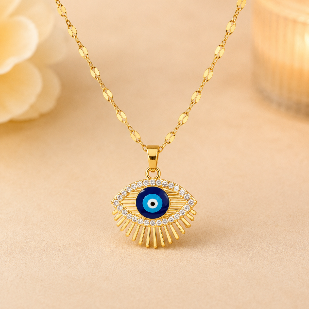 Evil Eye Necklace with Blue Center & Crystal-Style Sunburst Pendant