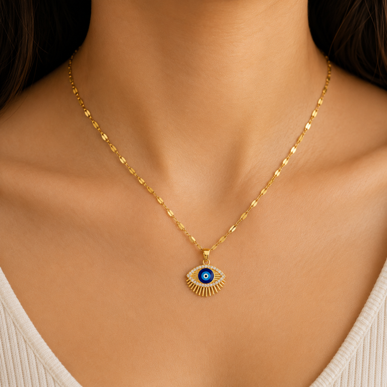 Evil Eye Necklace with Blue Center & Crystal-Style Sunburst Pendant - Image 2