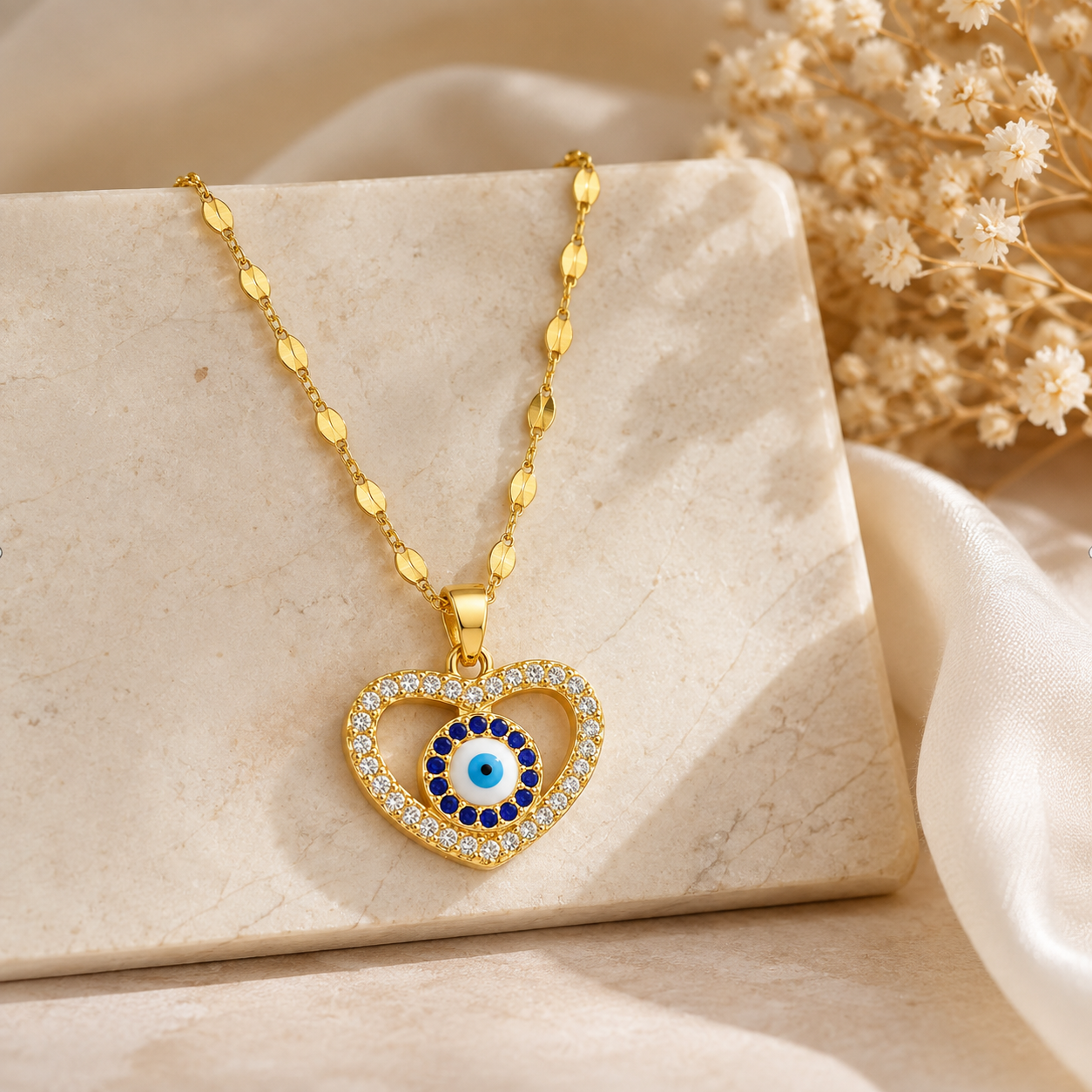 Heart Evil Eye Necklace with Blue & Clear Crystal-Style Pendant
