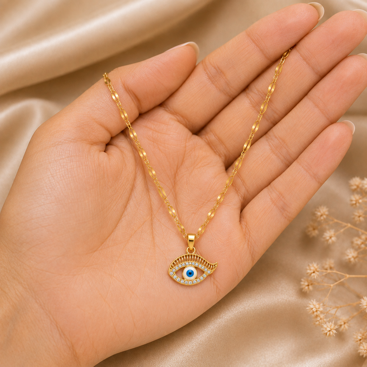 Evil Eye Pendant Necklace with Blue Center & Clear Crystal-Style Accents - Image 3