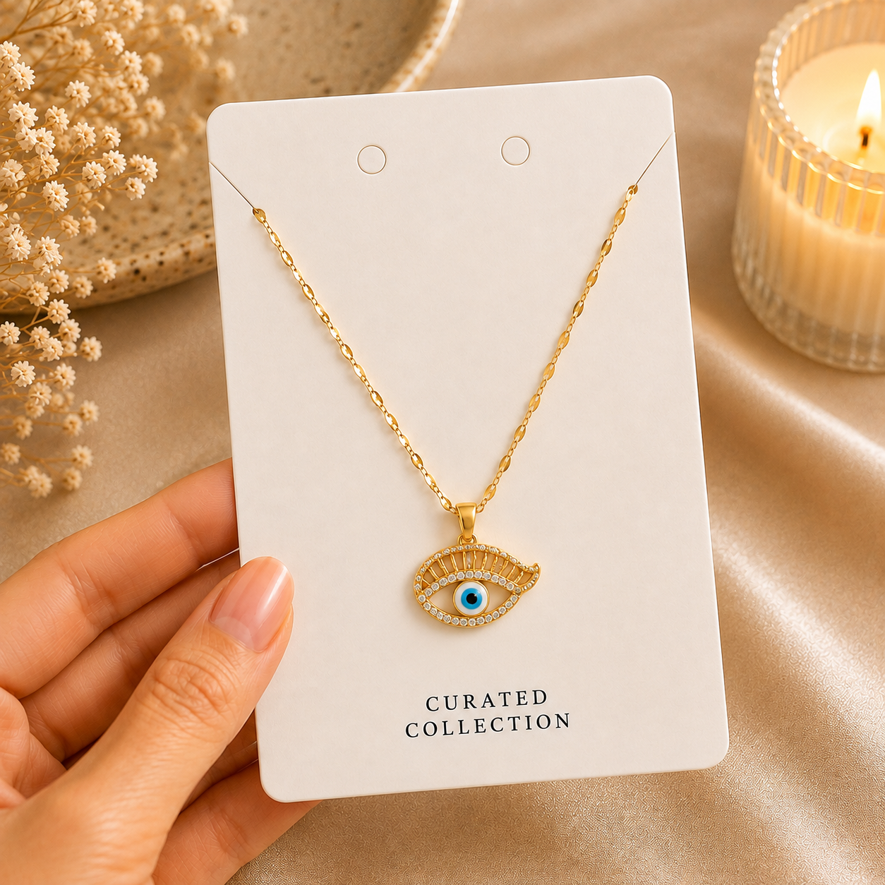 Evil Eye Pendant Necklace with Blue Center & Clear Crystal-Style Accents - Image 4