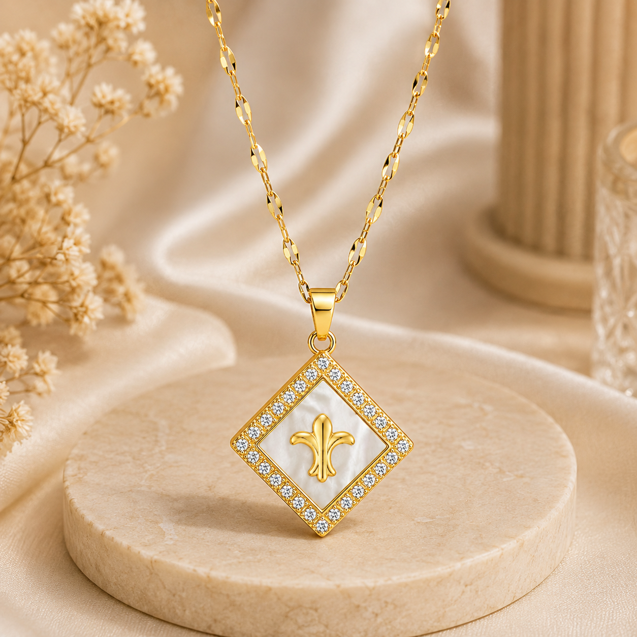 Fleur-de-Lis Necklace with White & Clear Crystal-Style Diamond Pendant