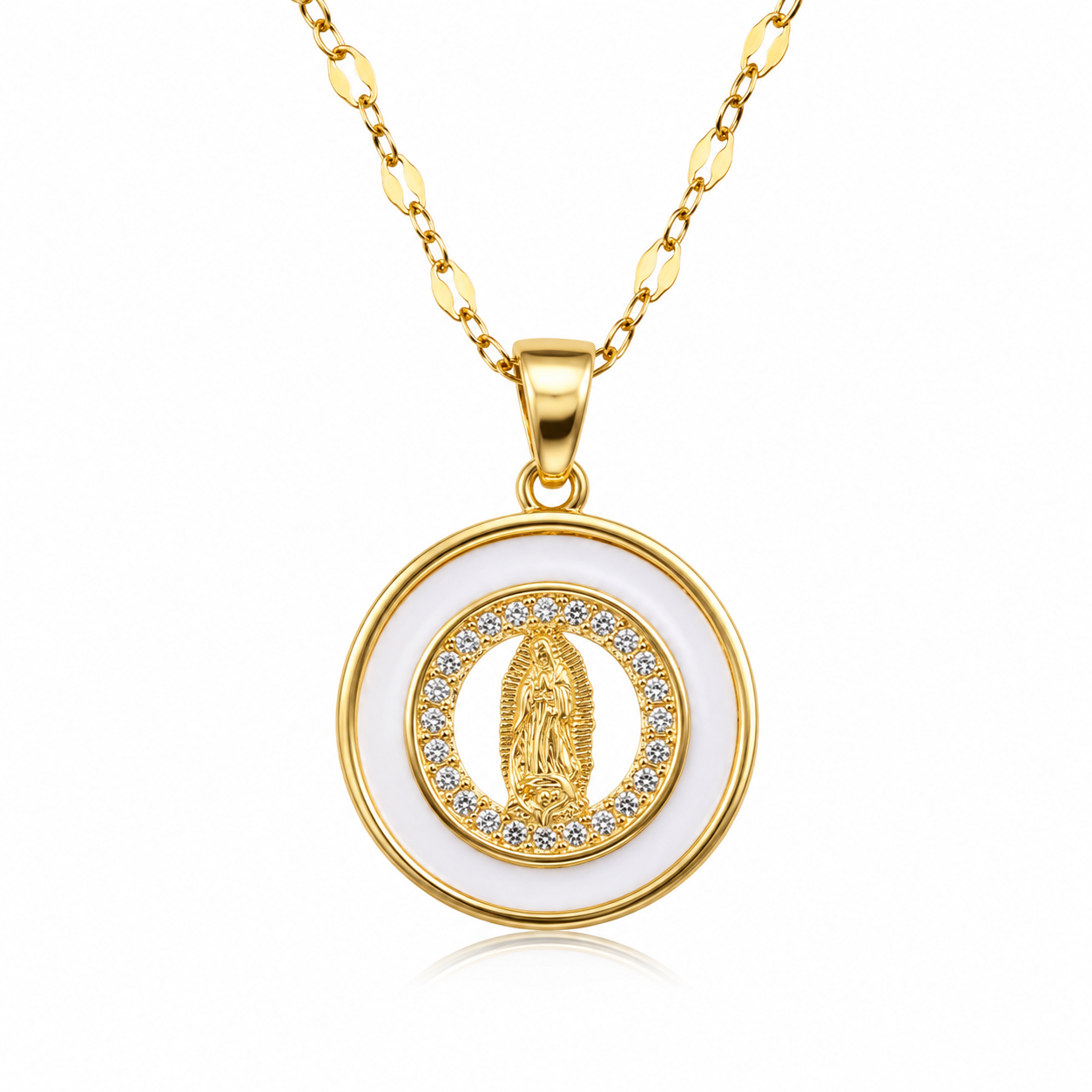 Virgin Mary Medallion Necklace with White & Clear Crystal-Style Accents - Image 7