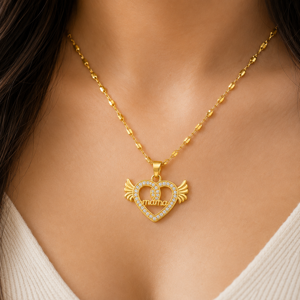 Mama Heart & Angel Wings Necklace with Crystal-Style Accents - Image 2