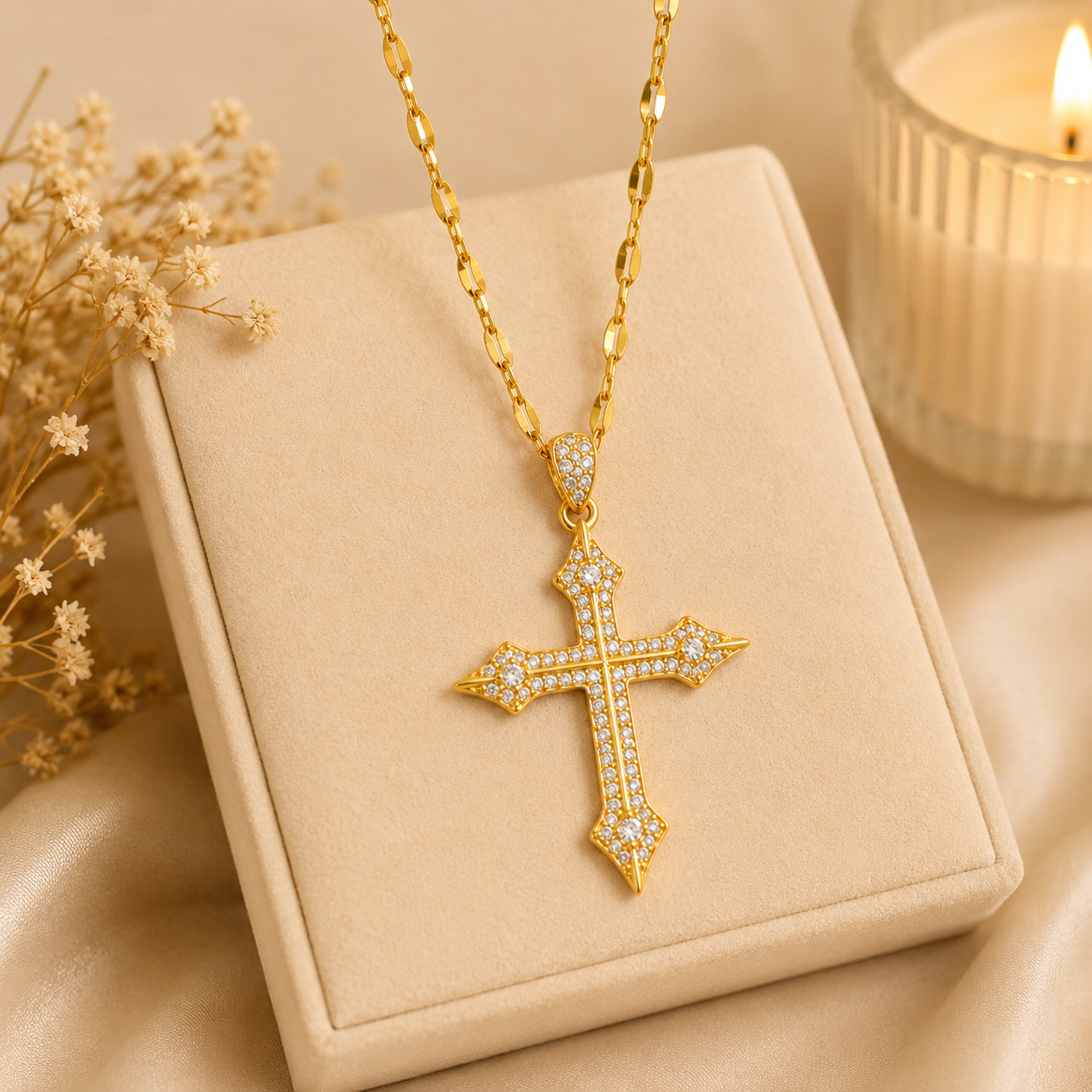 Cross Pendant Necklace with Crystal-Style Accents