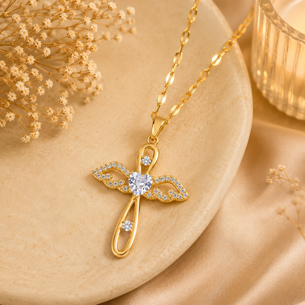 Angel Cross Pendant Necklace with Heart Crystal and Wings