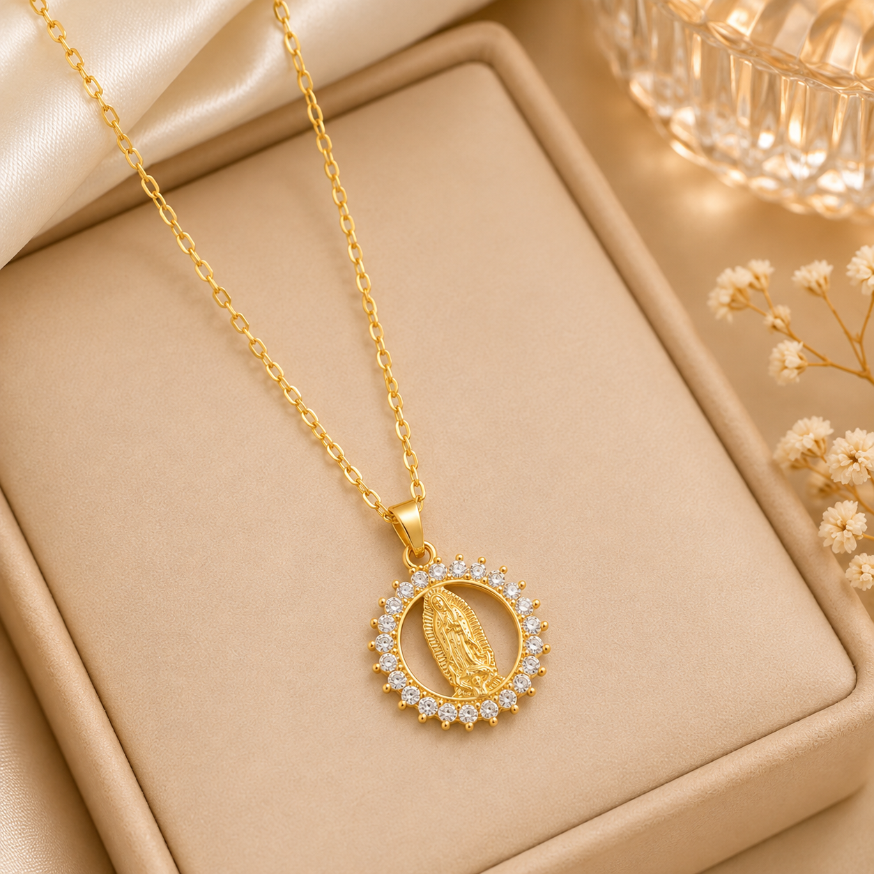 Virgin Mary Pendant Necklace with Crystal-Style Halo