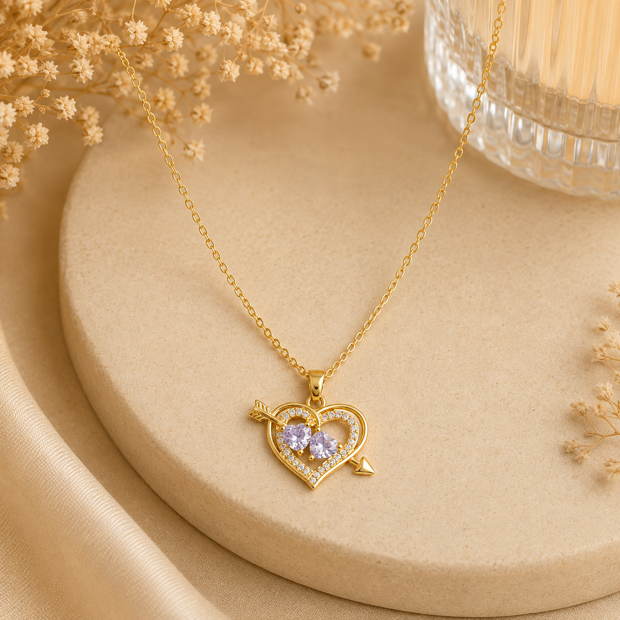 Heart and Arrow Pendant Necklace with Purple Crystal-Style Accents