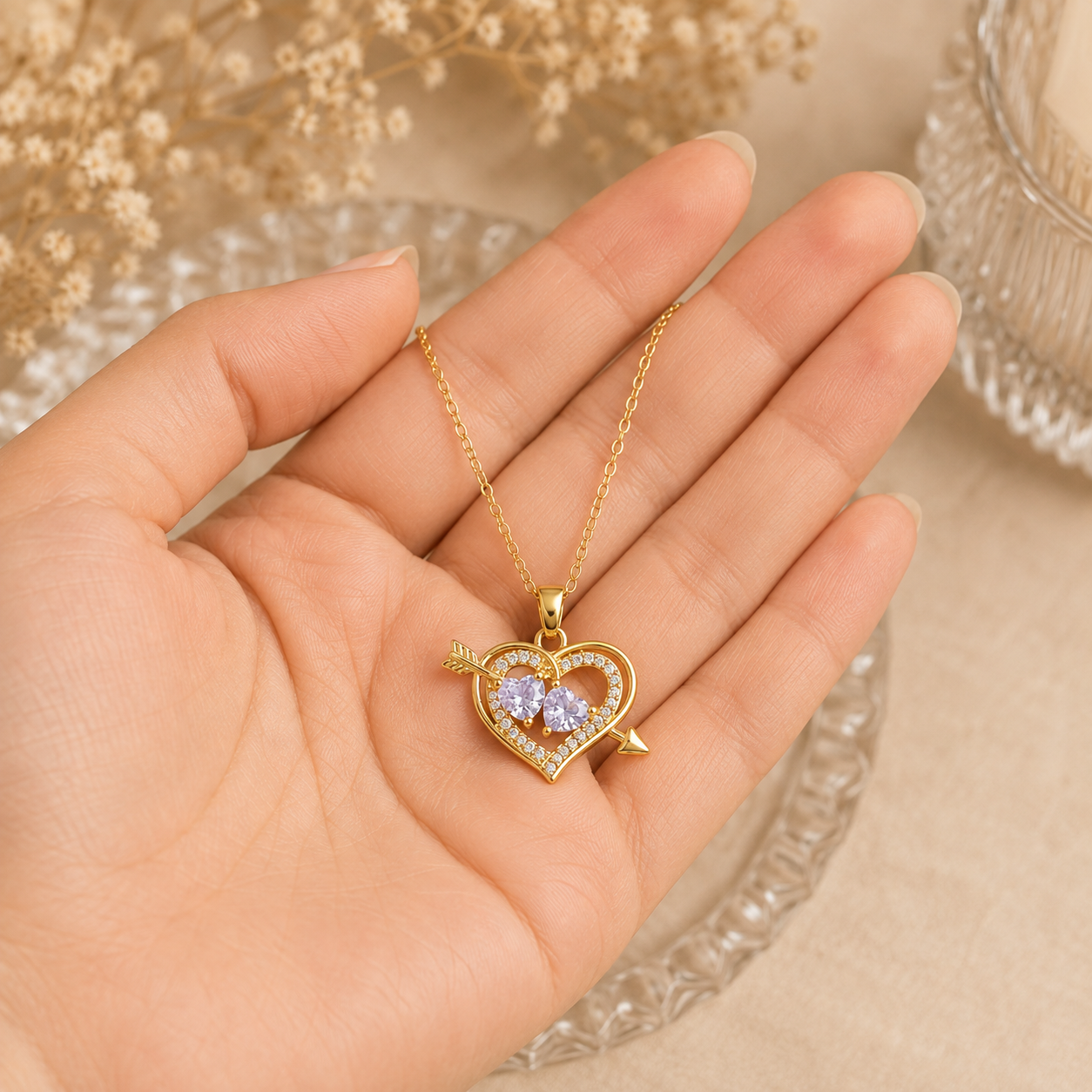 Heart and Arrow Pendant Necklace with Purple Crystal-Style Accents - Image 3